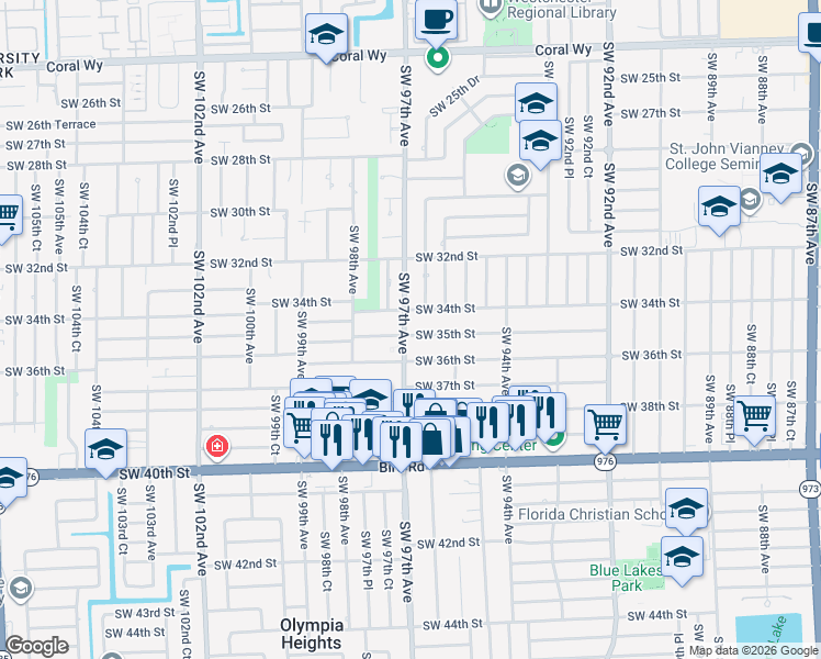 map of restaurants, bars, coffee shops, grocery stores, and more near 3520 Southwest 97th Avenue in Miami