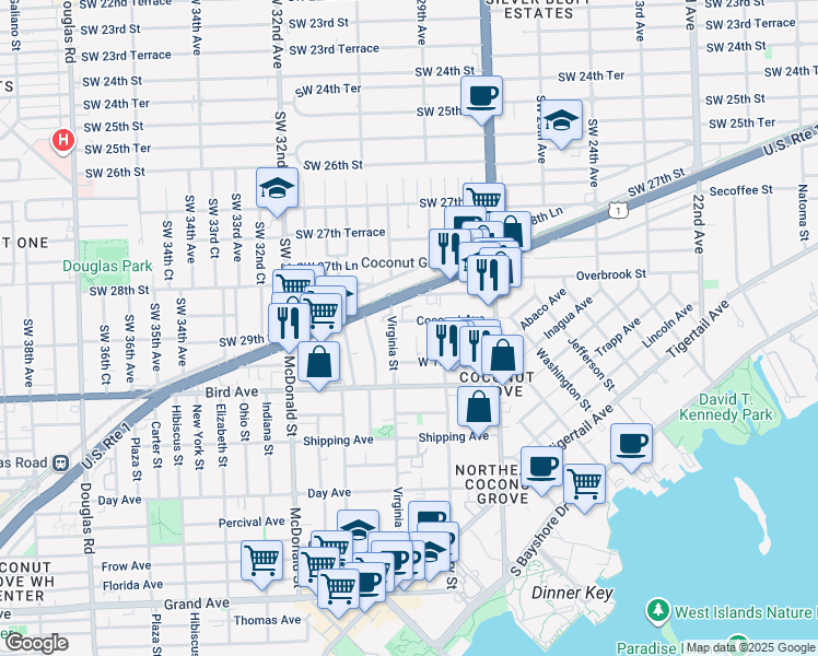 map of restaurants, bars, coffee shops, grocery stores, and more near 2932 Catalina Street in Miami