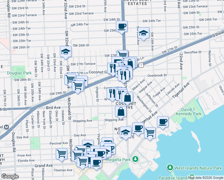 map of restaurants, bars, coffee shops, grocery stores, and more near 2930 Louise Street in Miami