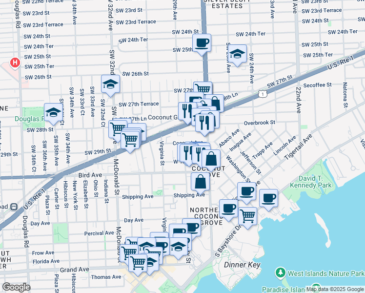 map of restaurants, bars, coffee shops, grocery stores, and more near 2930 Louise Street in Miami