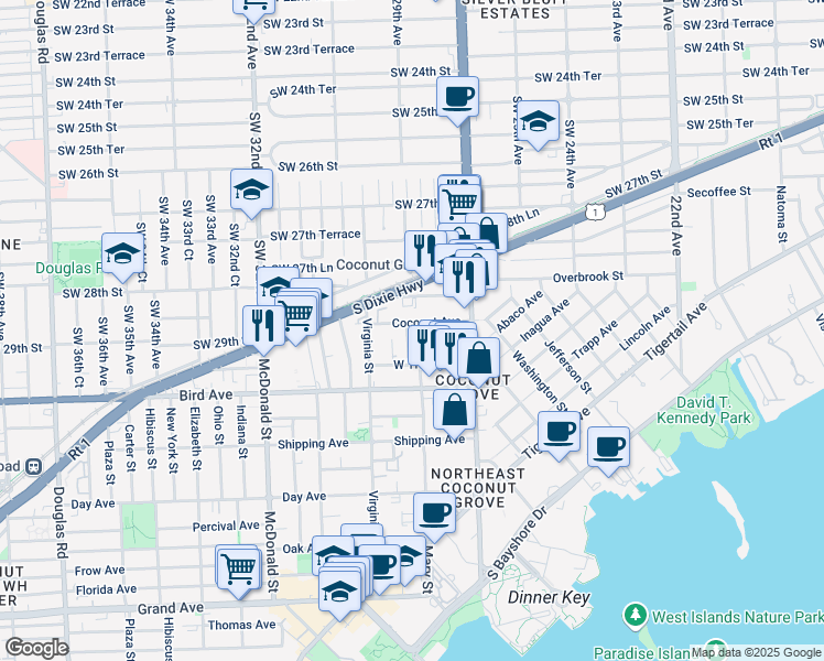map of restaurants, bars, coffee shops, grocery stores, and more near 2930 Louise Street in Miami