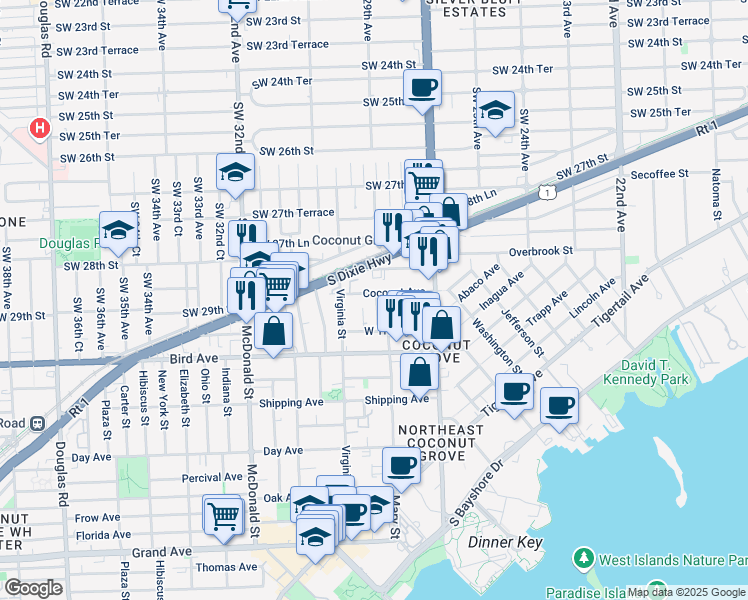 map of restaurants, bars, coffee shops, grocery stores, and more near 2932 Catalina Street in Miami