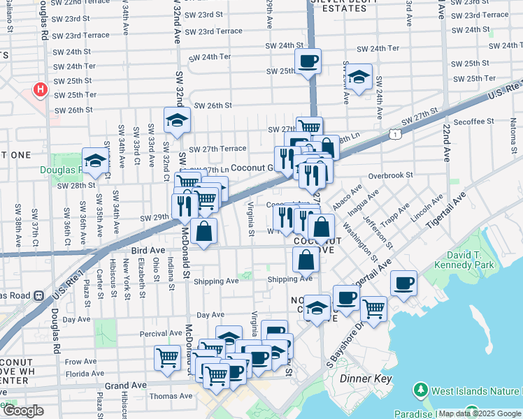 map of restaurants, bars, coffee shops, grocery stores, and more near 2932 Catalina Street in Miami