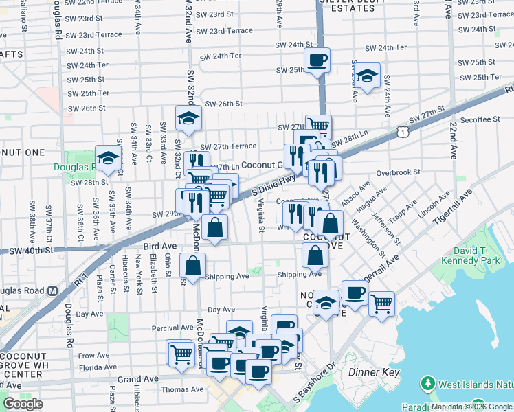 map of restaurants, bars, coffee shops, grocery stores, and more near 2927 Southwest 30th Court in Miami