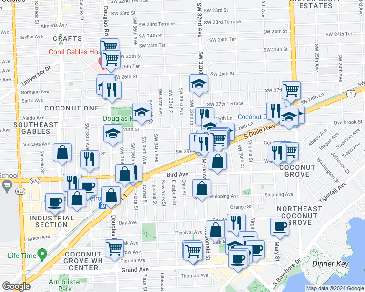map of restaurants, bars, coffee shops, grocery stores, and more near 3342 Southwest 29th Street in Miami