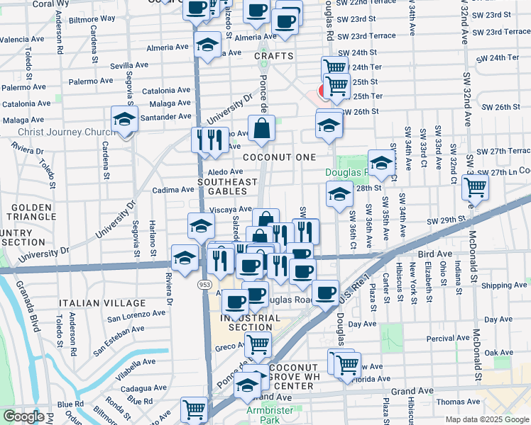 map of restaurants, bars, coffee shops, grocery stores, and more near 200 Fluvia Avenue in Coral Gables