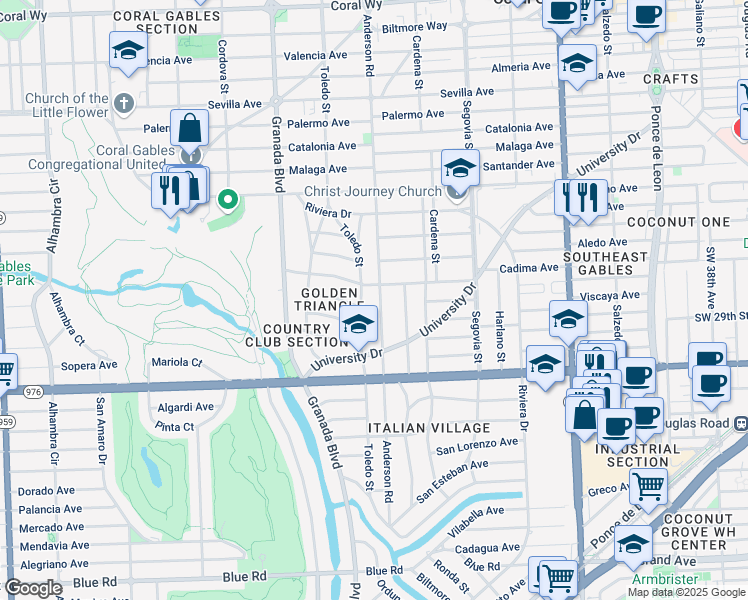 map of restaurants, bars, coffee shops, grocery stores, and more near 3707 Toledo Street in Coral Gables