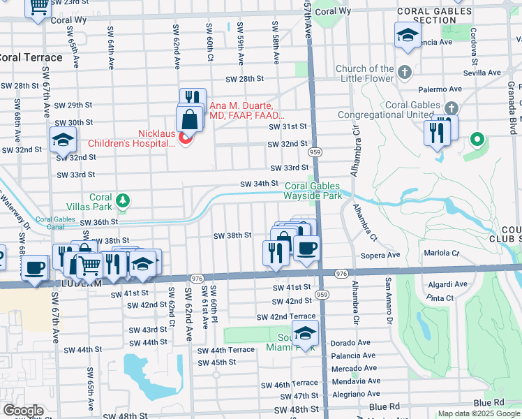 map of restaurants, bars, coffee shops, grocery stores, and more near 3615 Southwest 59th Avenue in Miami