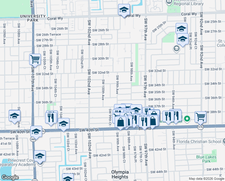 map of restaurants, bars, coffee shops, grocery stores, and more near 3551 Southwest 99th Court in Miami