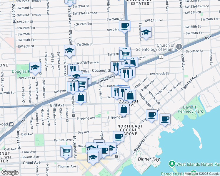 map of restaurants, bars, coffee shops, grocery stores, and more near 2932 Catalina Street in Miami