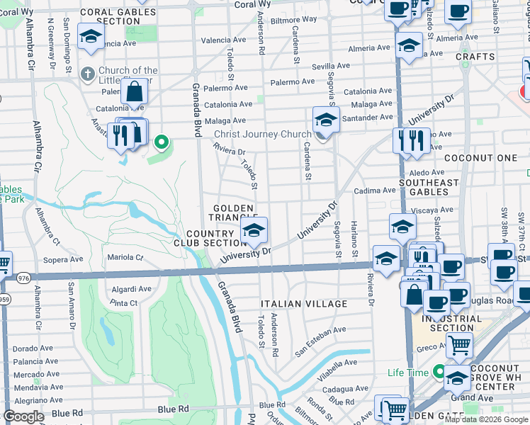 map of restaurants, bars, coffee shops, grocery stores, and more near 3707 Toledo Street in Coral Gables