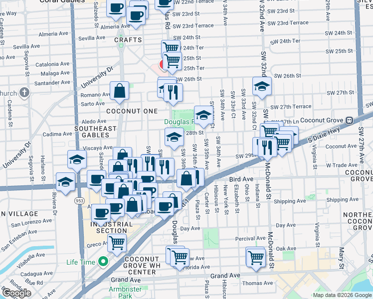 map of restaurants, bars, coffee shops, grocery stores, and more near 2863 Southwest 36th Court in Miami