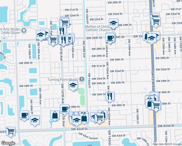 map of restaurants, bars, coffee shops, grocery stores, and more near 3187 Southwest 143rd Place in Miami