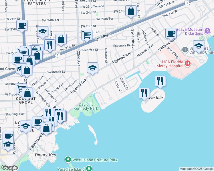 map of restaurants, bars, coffee shops, grocery stores, and more near 2000 South Bayshore Drive in Miami