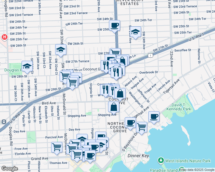 map of restaurants, bars, coffee shops, grocery stores, and more near 2930 Louise Street in Miami