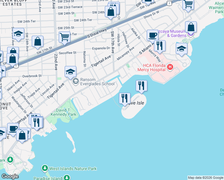 map of restaurants, bars, coffee shops, grocery stores, and more near 1826 South Bayshore Lane in Miami