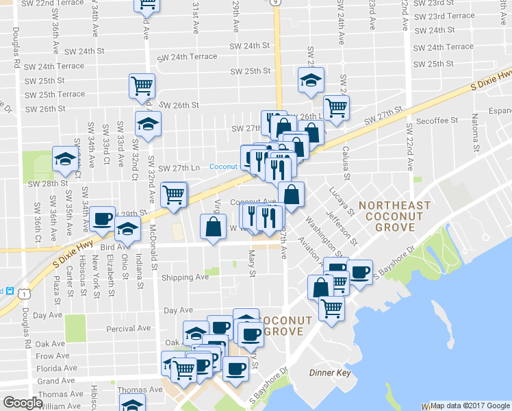 map of restaurants, bars, coffee shops, grocery stores, and more near 2930 Louise Street in Miami
