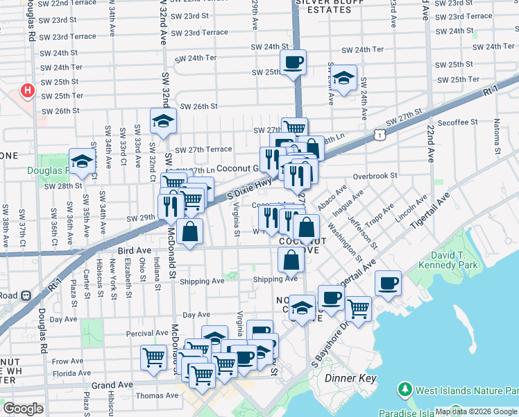 map of restaurants, bars, coffee shops, grocery stores, and more near 2932 Catalina Street in Miami