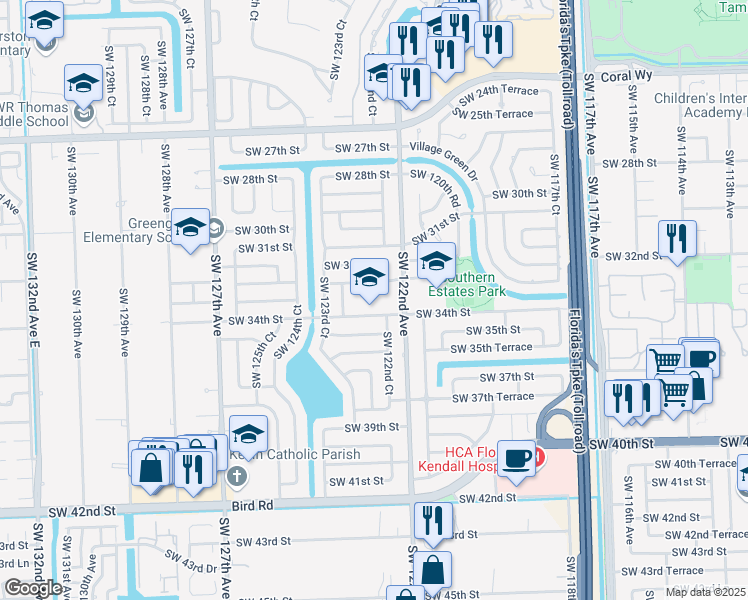 map of restaurants, bars, coffee shops, grocery stores, and more near 3401 Southwest 122nd Court in Miami