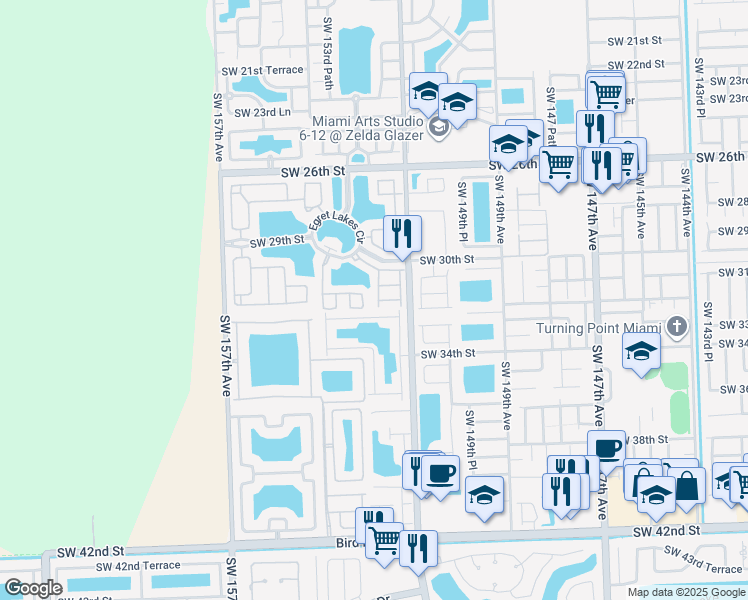 map of restaurants, bars, coffee shops, grocery stores, and more near 15321 Southwest 32nd Terrace in Miami