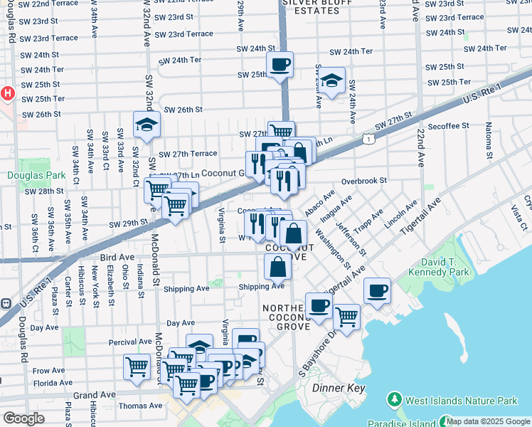 map of restaurants, bars, coffee shops, grocery stores, and more near 2930 Louise Street in Miami