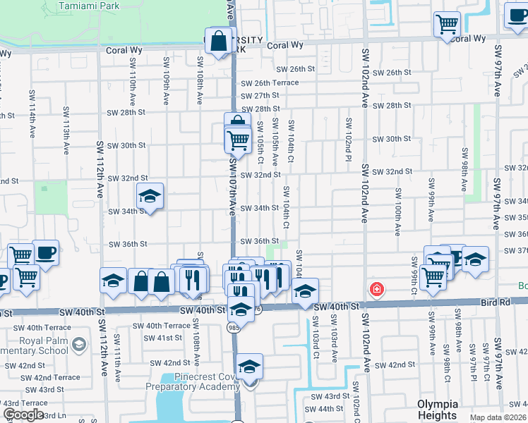 map of restaurants, bars, coffee shops, grocery stores, and more near 3440 Southwest 105th Avenue in Miami
