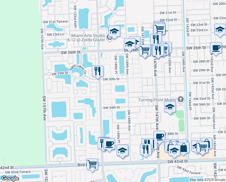 map of restaurants, bars, coffee shops, grocery stores, and more near 14974 Southwest 32nd Terrace in Miami