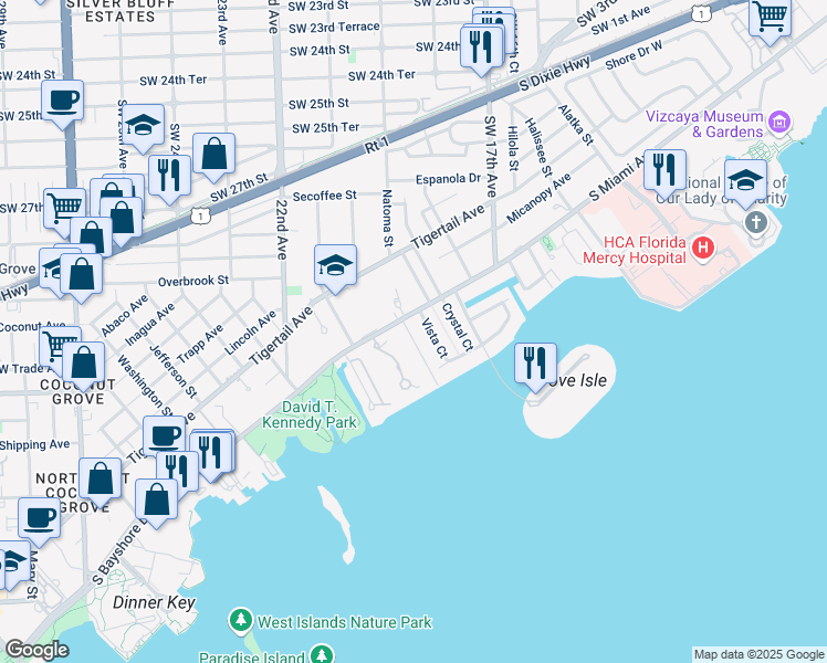 map of restaurants, bars, coffee shops, grocery stores, and more near 3525 Crystal View Court in Miami