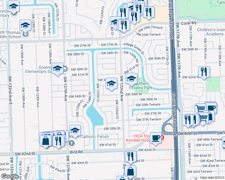 map of restaurants, bars, coffee shops, grocery stores, and more near 12265 Southwest 34th Street in Miami