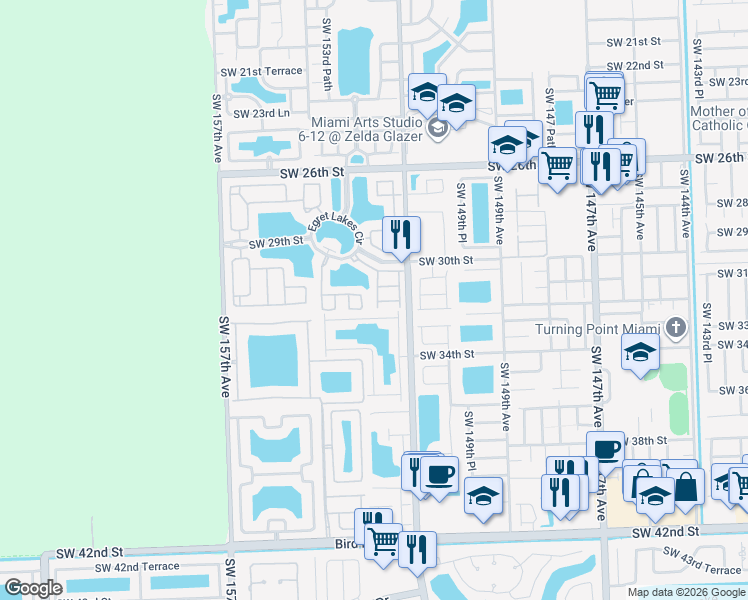 map of restaurants, bars, coffee shops, grocery stores, and more near 15321 Southwest 32nd Terrace in Miami