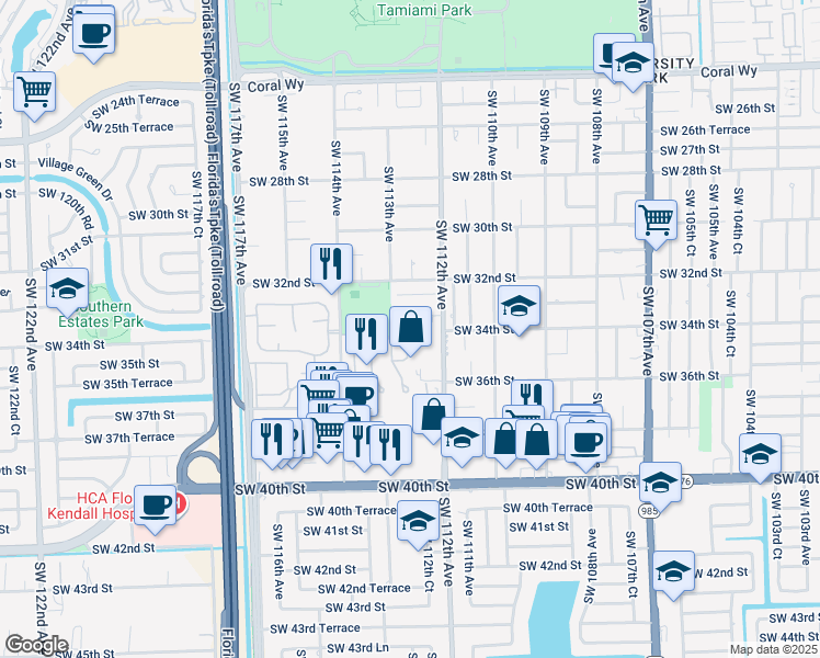 map of restaurants, bars, coffee shops, grocery stores, and more near 11258 Southwest 34th Lane in Miami