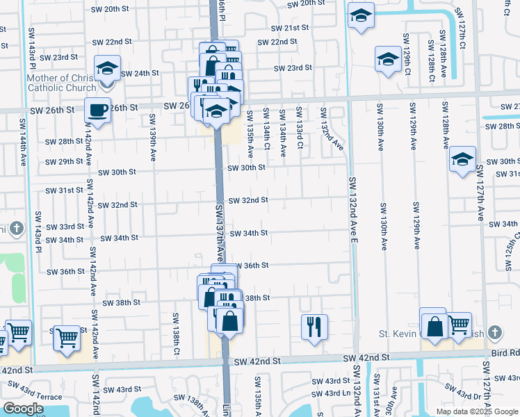 map of restaurants, bars, coffee shops, grocery stores, and more near 13460 Southwest 32nd Street in Miami