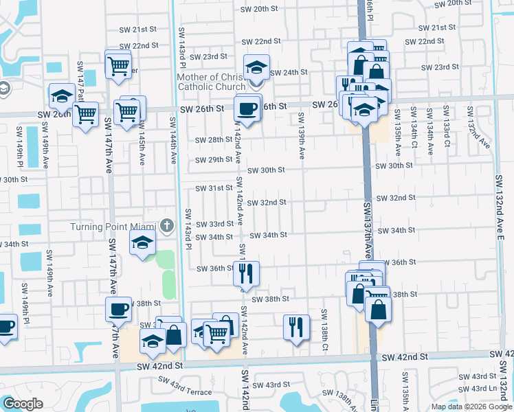 map of restaurants, bars, coffee shops, grocery stores, and more near 3280 Southwest 140th Avenue in Miami