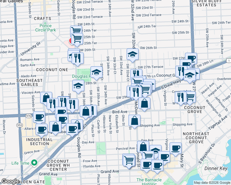 map of restaurants, bars, coffee shops, grocery stores, and more near 3342 Southwest 29th Street in Miami
