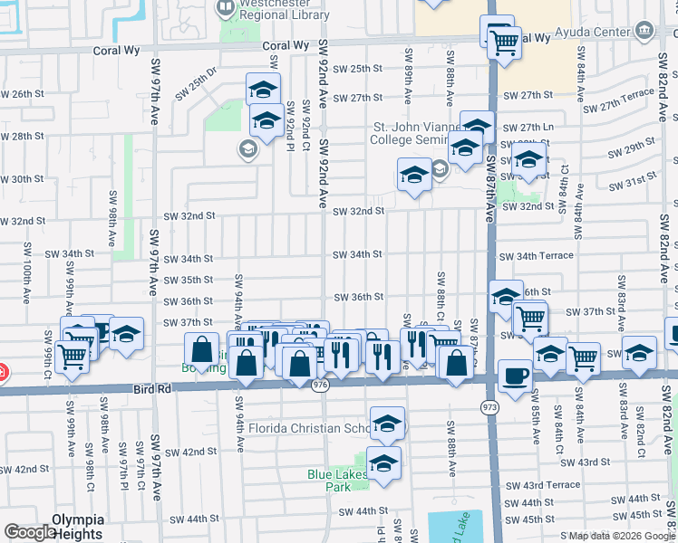 map of restaurants, bars, coffee shops, grocery stores, and more near 3530-3532 Southwest 91 Avenue in Miami