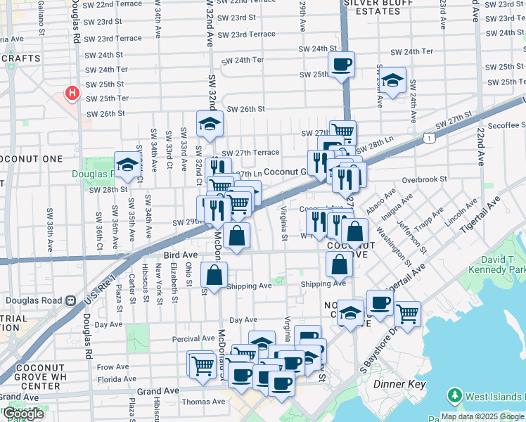 map of restaurants, bars, coffee shops, grocery stores, and more near 2927 Southwest 30th Court in Miami