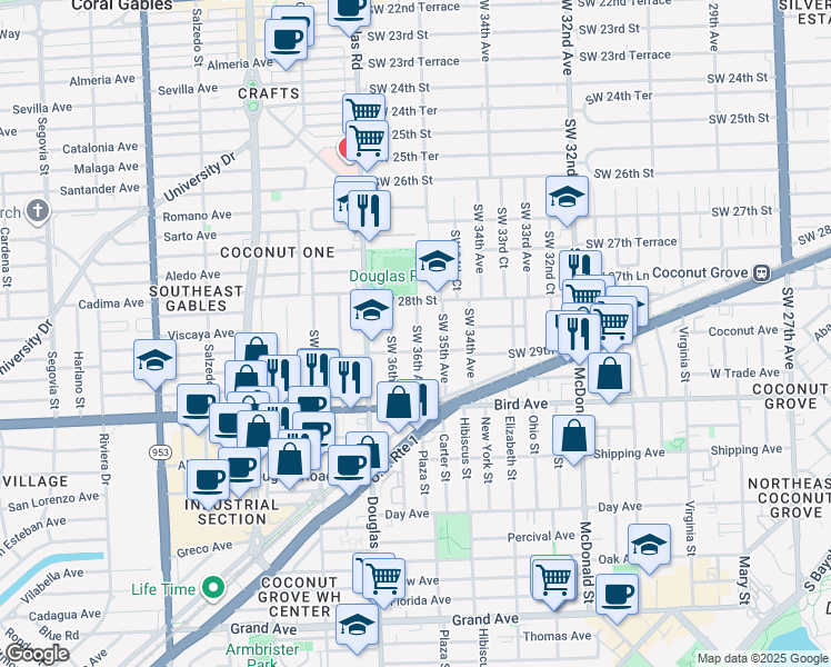 map of restaurants, bars, coffee shops, grocery stores, and more near 3500 Southwest 29th Street in Miami