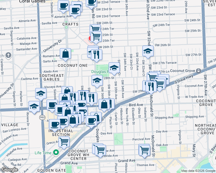 map of restaurants, bars, coffee shops, grocery stores, and more near 2901 Southwest 36th Court in Miami