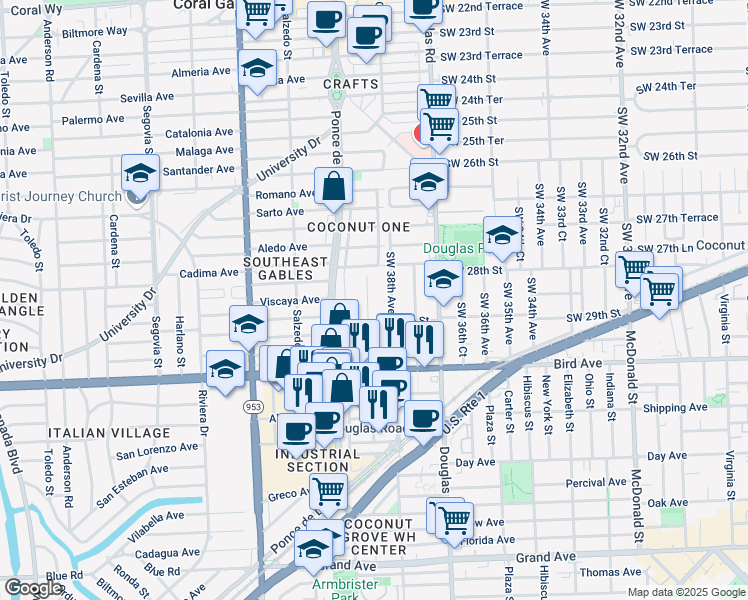 map of restaurants, bars, coffee shops, grocery stores, and more near 3853 Southwest 29th Street in Miami