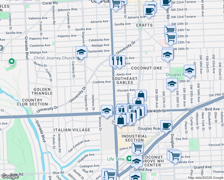 map of restaurants, bars, coffee shops, grocery stores, and more near in Coral Gables