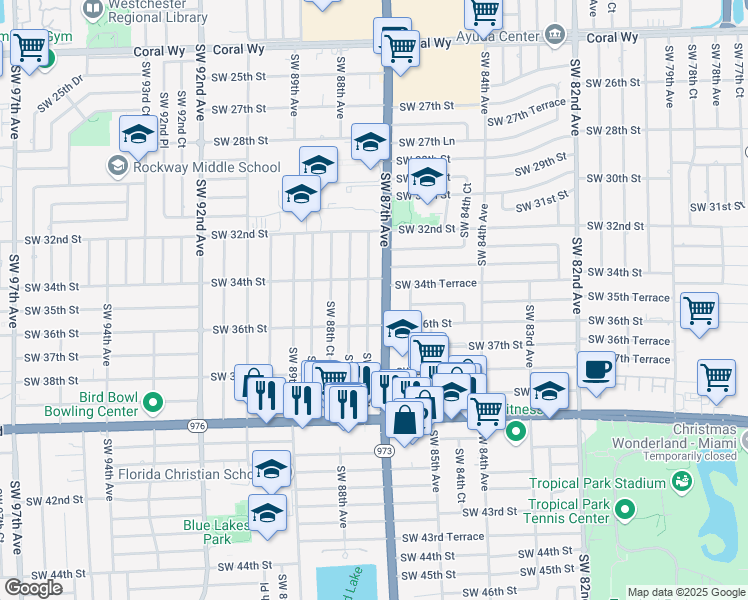 map of restaurants, bars, coffee shops, grocery stores, and more near 8753 Southwest 36th Street in Miami