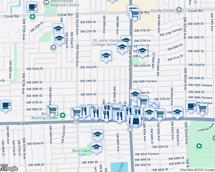 map of restaurants, bars, coffee shops, grocery stores, and more near 3535 Southwest 88th Place in Miami