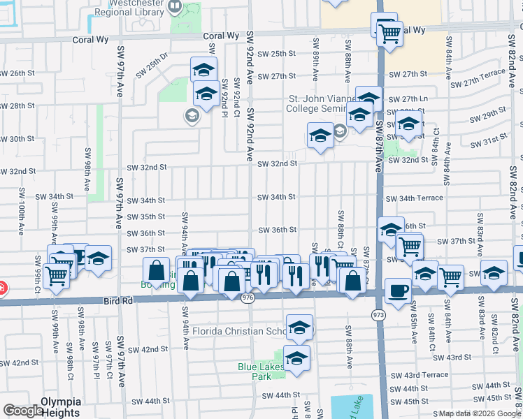 map of restaurants, bars, coffee shops, grocery stores, and more near 3530-3532 Southwest 91 Avenue in Miami