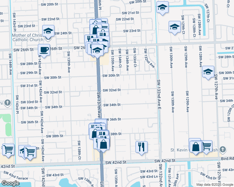map of restaurants, bars, coffee shops, grocery stores, and more near 13460 Southwest 32nd Street in Miami