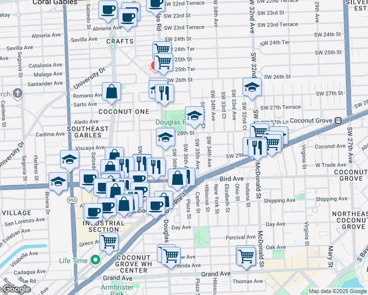 map of restaurants, bars, coffee shops, grocery stores, and more near 2901 Southwest 36th Court in Miami
