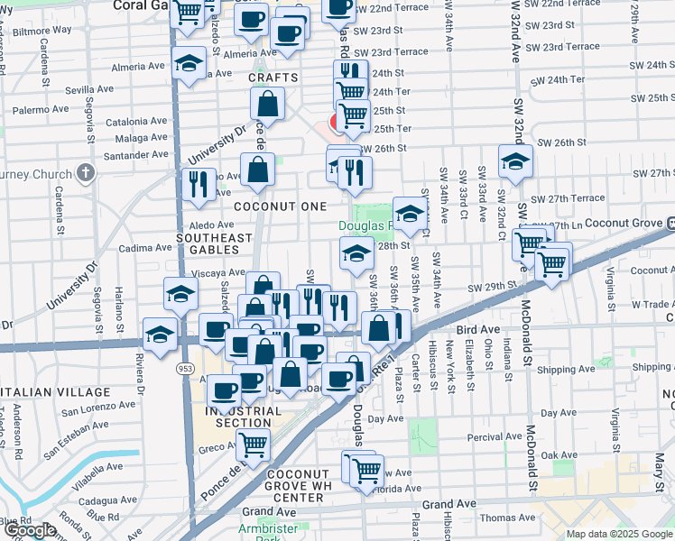 map of restaurants, bars, coffee shops, grocery stores, and more near in Miami