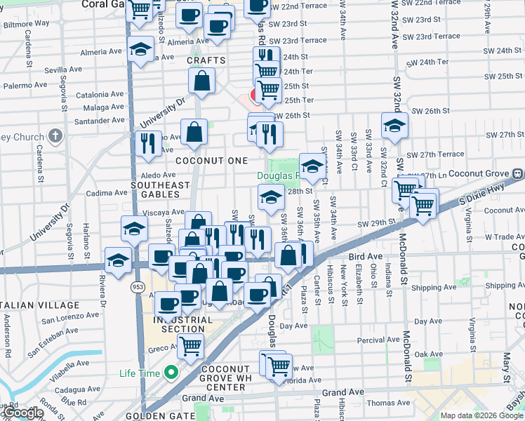 map of restaurants, bars, coffee shops, grocery stores, and more near in Miami