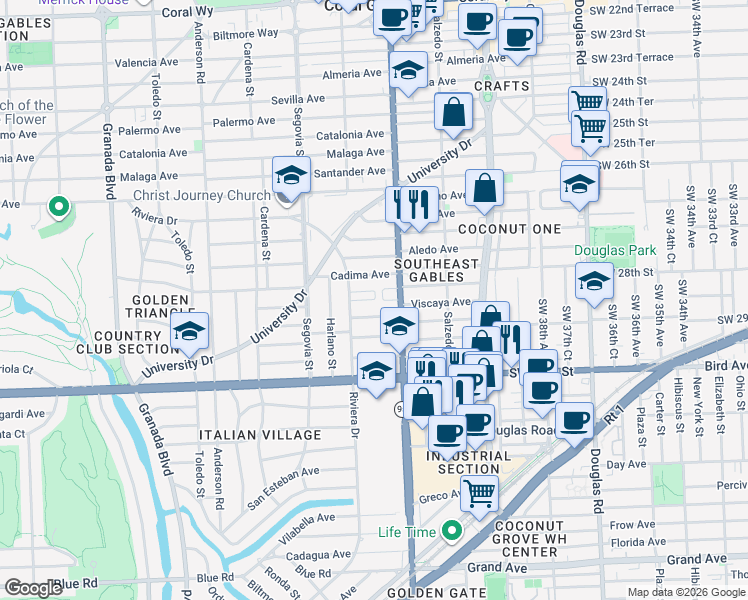 map of restaurants, bars, coffee shops, grocery stores, and more near Riviera Court in Coral Gables
