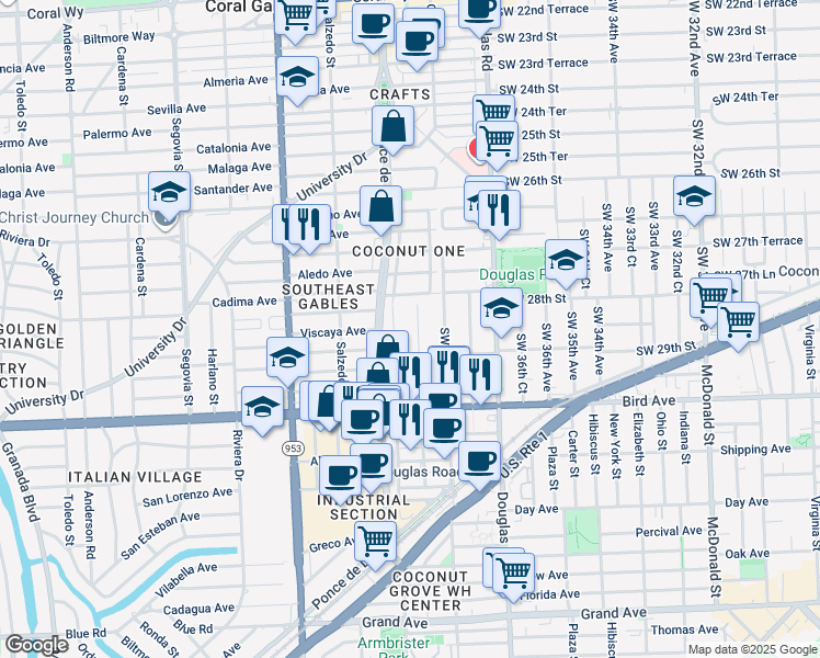 map of restaurants, bars, coffee shops, grocery stores, and more near 2812 Southwest 38th Court in Miami