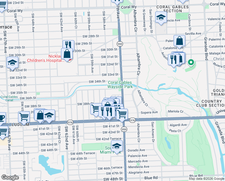 map of restaurants, bars, coffee shops, grocery stores, and more near 5735 Southwest 35th Street in Miami